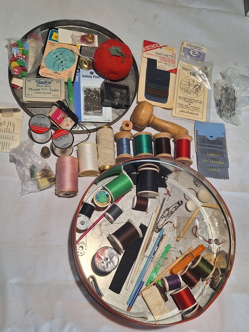Vintage Sewing Notions Lot Wooden Thread Spools Needles Darning Tool Tin Singer